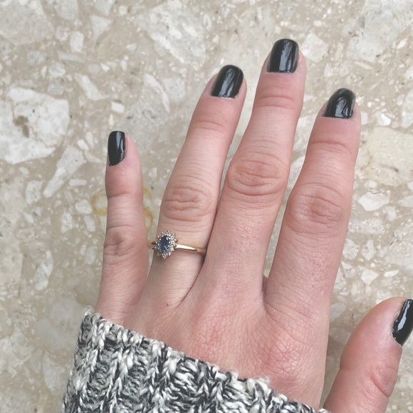 SOLD (Etsy) Light Blue Sapphire Diamond Halo Yellow Gold Ring - Picture 3 of 8